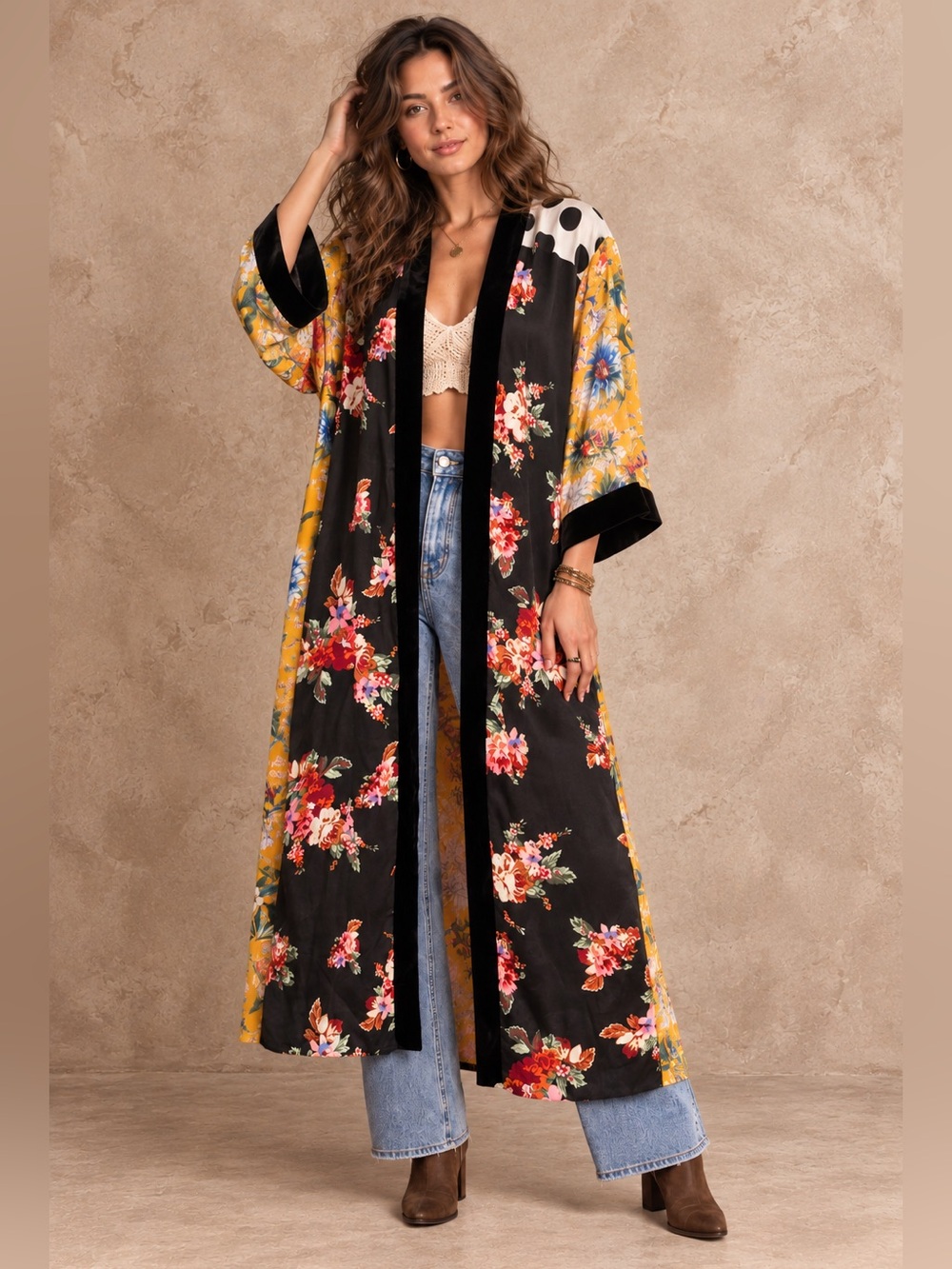 Zara Woman Silk Floral Kimono Robe Velvet Trim Long Duster Size S